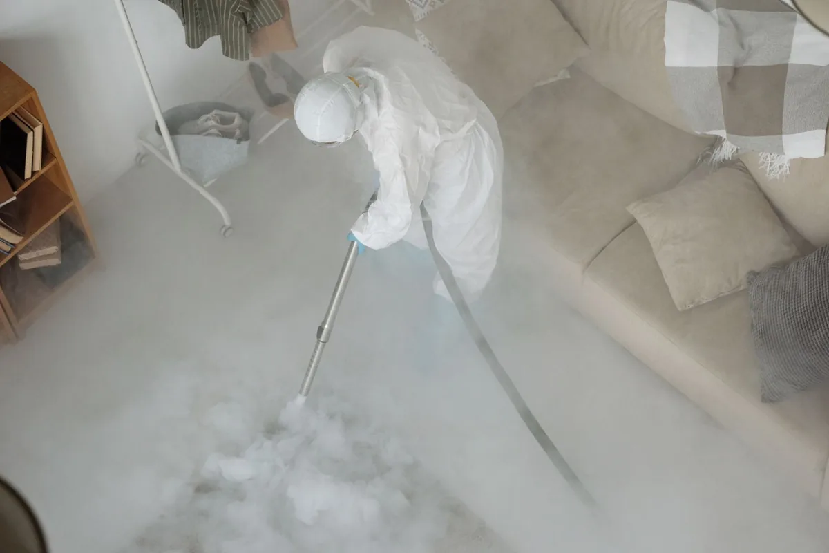 Biohazard cleanup technician in protective equipment, Rutherford, TN